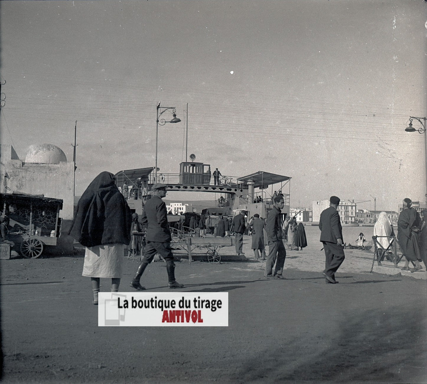 Algérie, port, bateau, plaque verre, photo stéréo, négatif N&B 6x13 cm