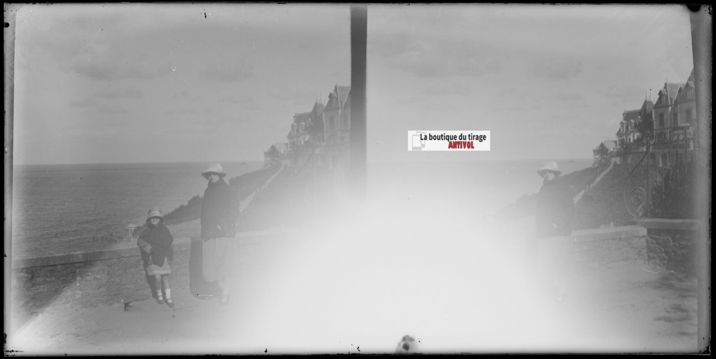 Normandie, mer paysage, stéréoscopie plaque ancienne verre, négatif 9x18 cm