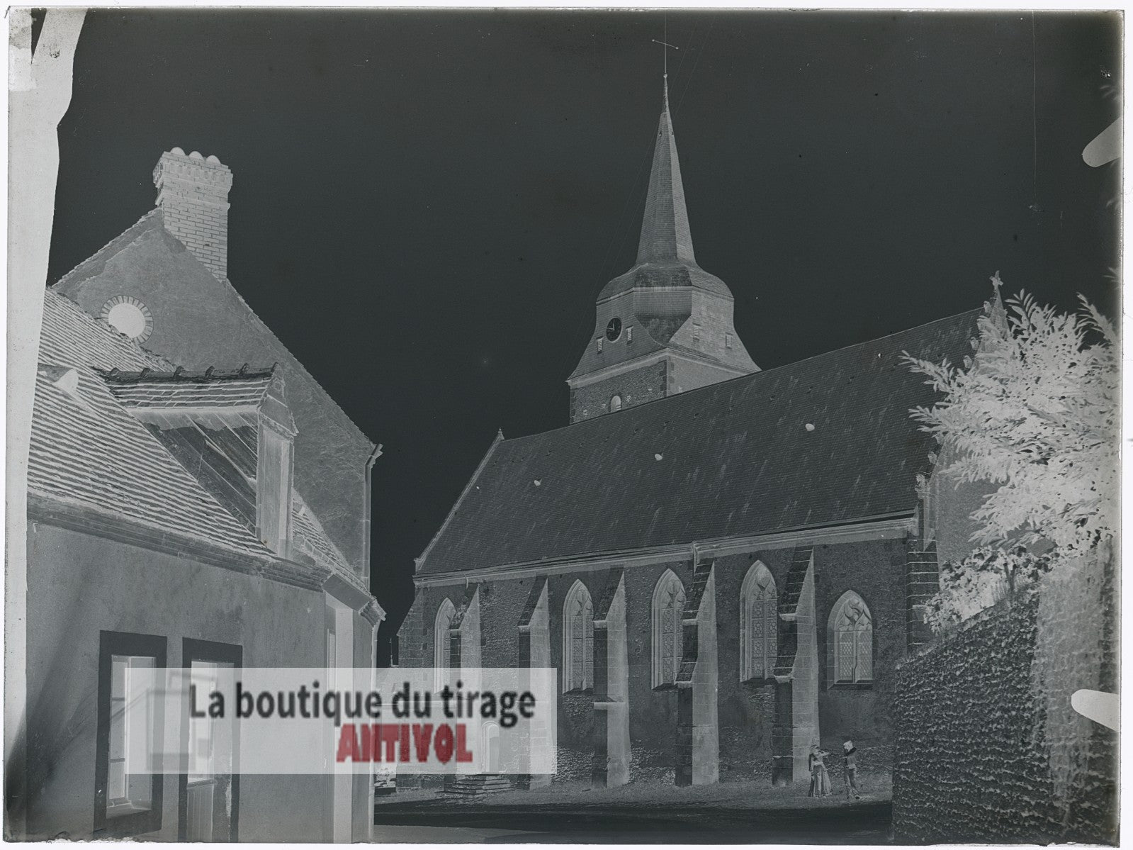 Église de village, campagne, plaque verre, photo ancienne, négatif 9x12 cm
