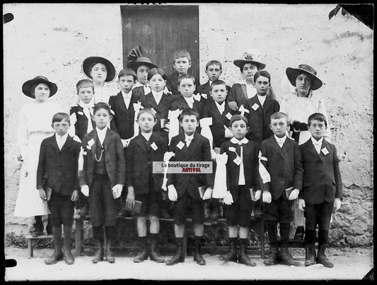 Plaque verre photo ancienne négatif noir et blanc 9x12 cm groupe enfants France