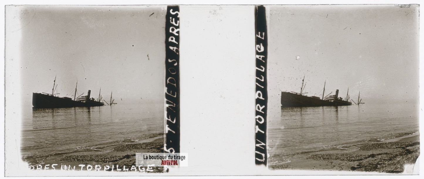 Ténédos, navire torpillé, guerre WW1, plaque verre stéréo, photo 4,5x10,7 cm