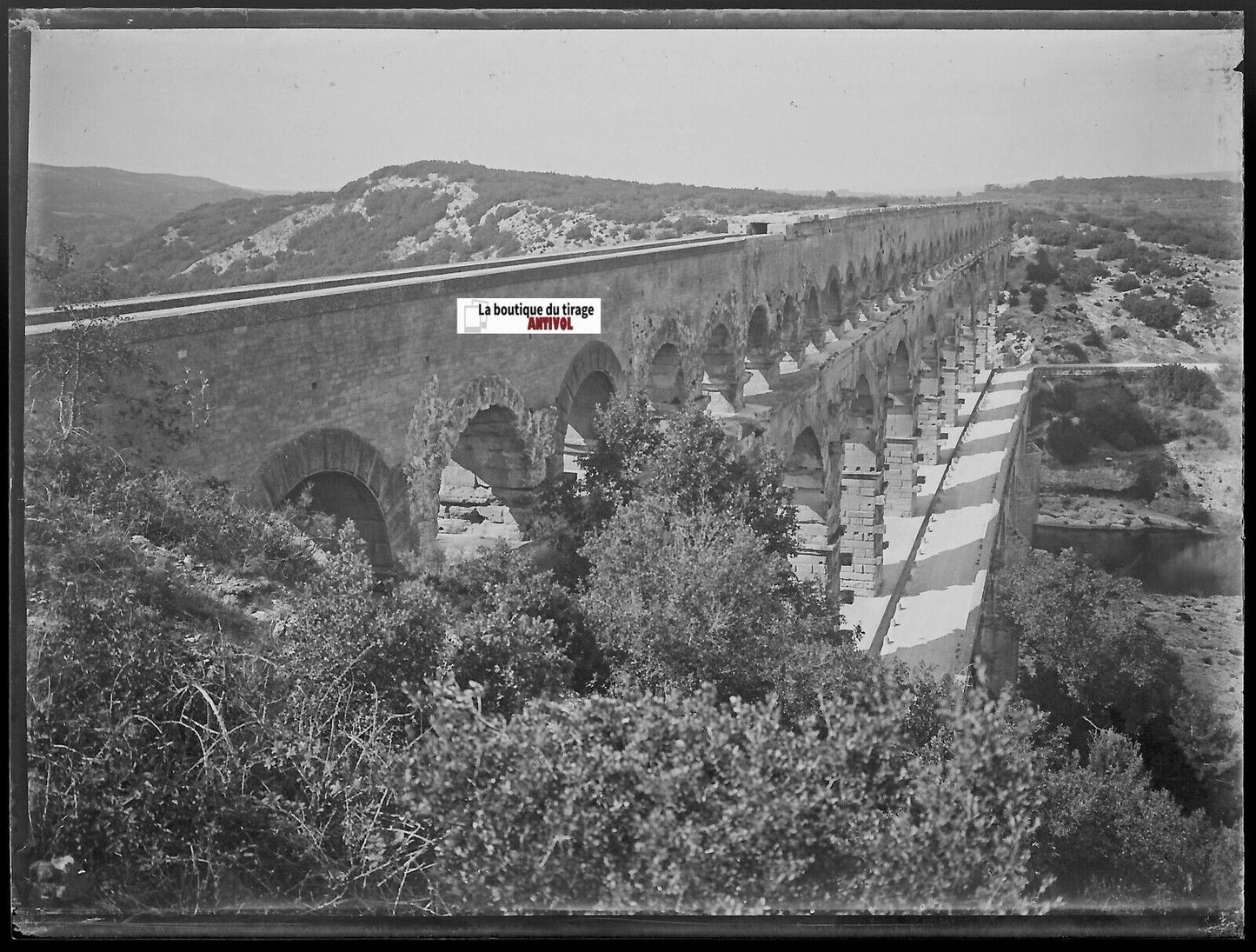 France, Pont du Gard, Plaque verre photo ancienne, négatif noir & blanc 9x12 cm