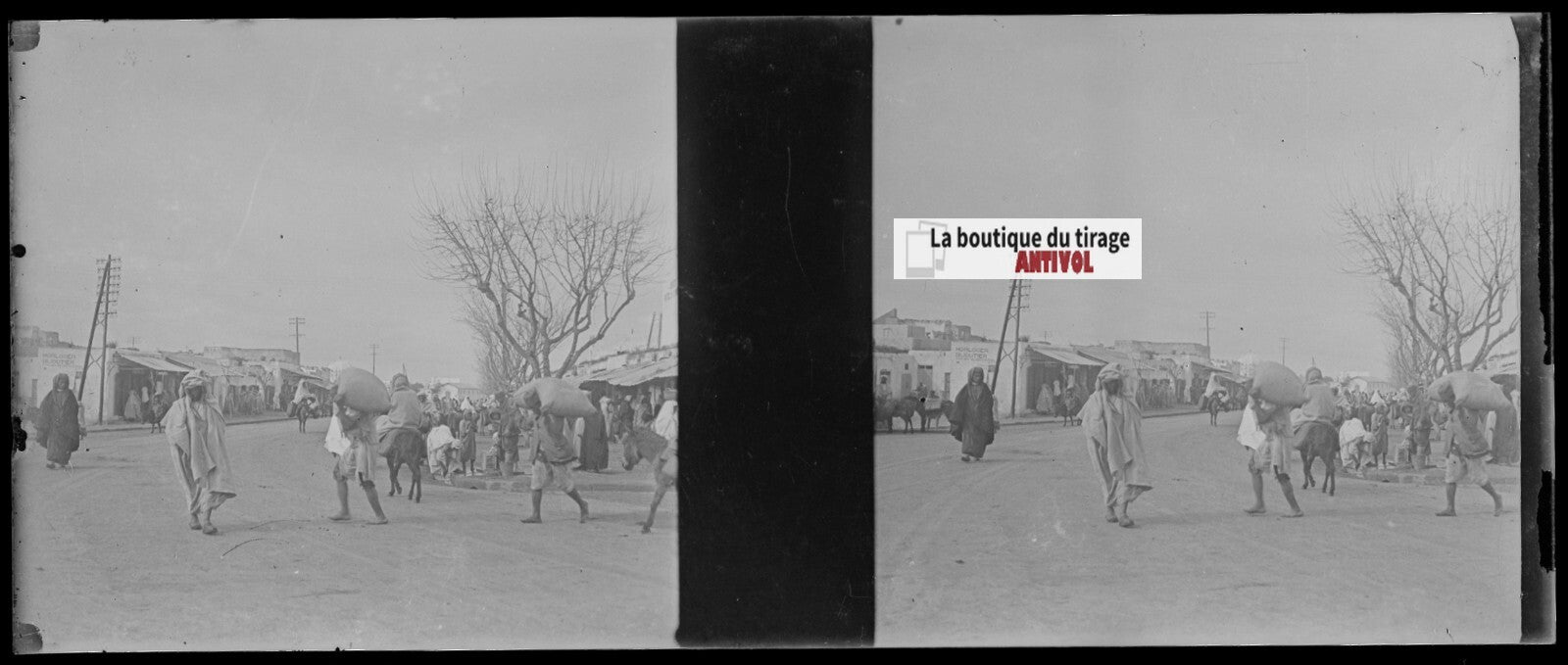 Marché, Maghreb, Plaque verre stéréoscopie, négatif noir & blanc 4,5x10,7 cm
