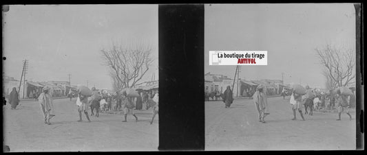 Marché, Maghreb, Plaque verre stéréoscopie, négatif noir & blanc 4,5x10,7 cm