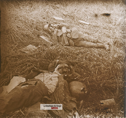 Craonne, cadavres, guerre WW1, plaque verre photo ancienne stéréo 6x13 cm