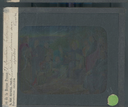 Instructions aux apôtres, dessin, plaque verre ancienne, couleur 8,5x10 cm