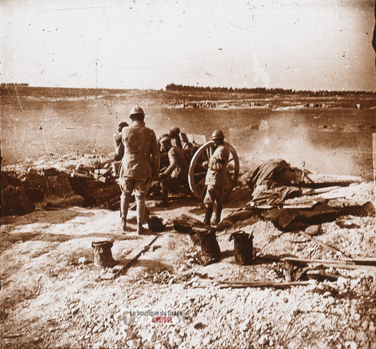 Souain, canon de 75 mm, guerre WW1, plaque verre photo ancienne stéréo 6x13 cm