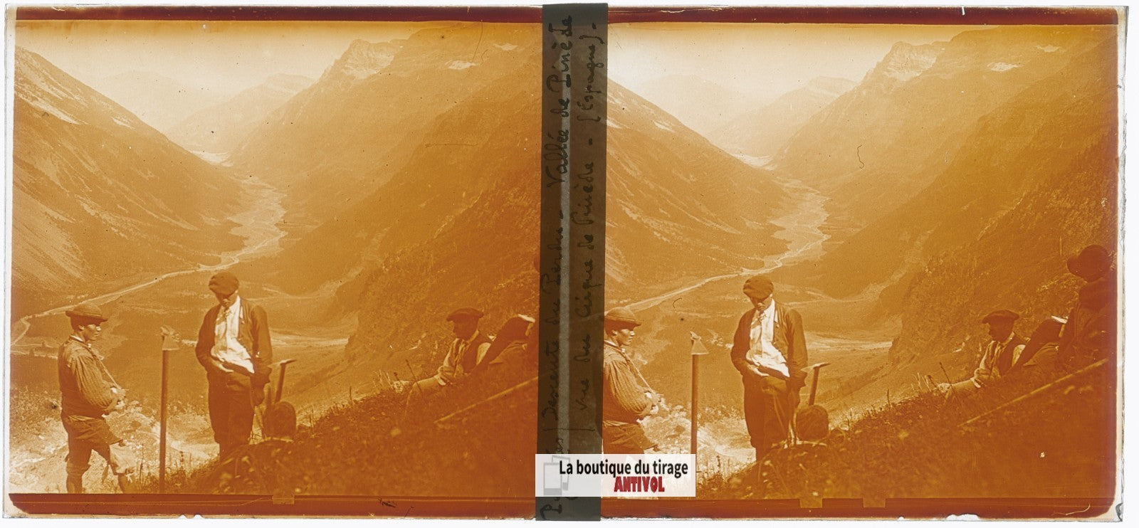 Pic de Pinède, Pyrénées, plaque verre, photo ancienne stéréo, sépia 6x13 cm