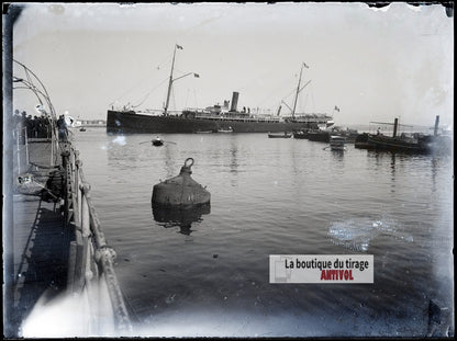 Paquebot dans le port d’Alger, plaque verre photo ancienne, négatif 9x12 cm