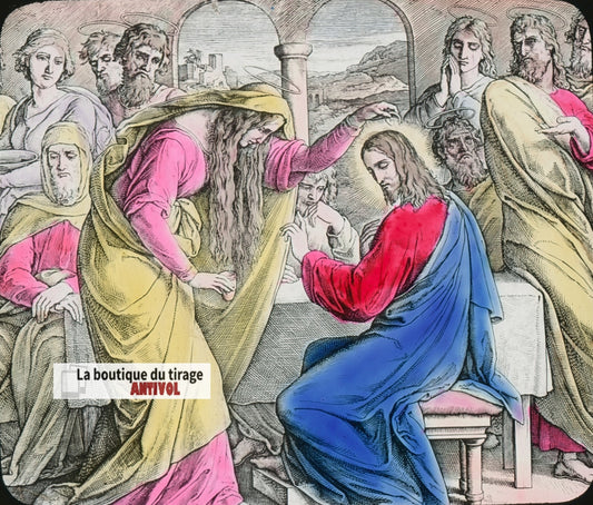 Nouveau testament, Jésus, dessin, plaque verre ancienne, couleur 8,5x10 cm