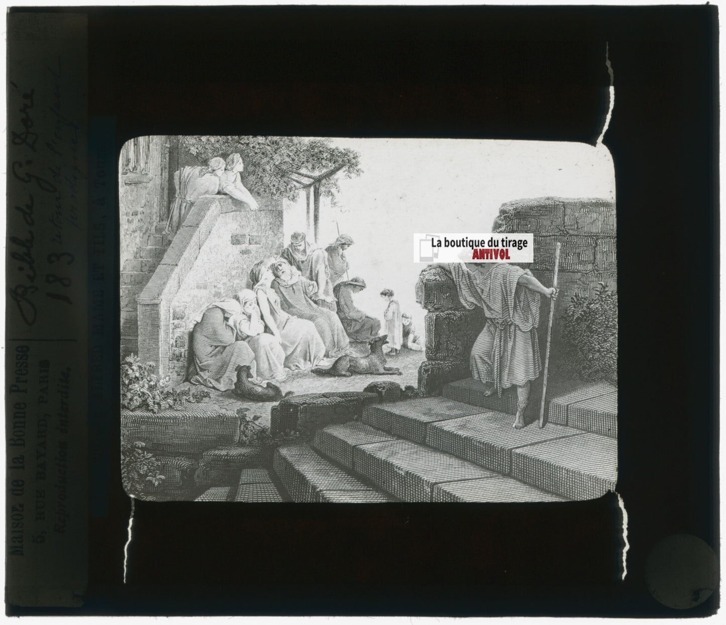 Histoire, Bible Doré, dessin, plaque de verre, noir & blanc, positif 8,5x10 cm