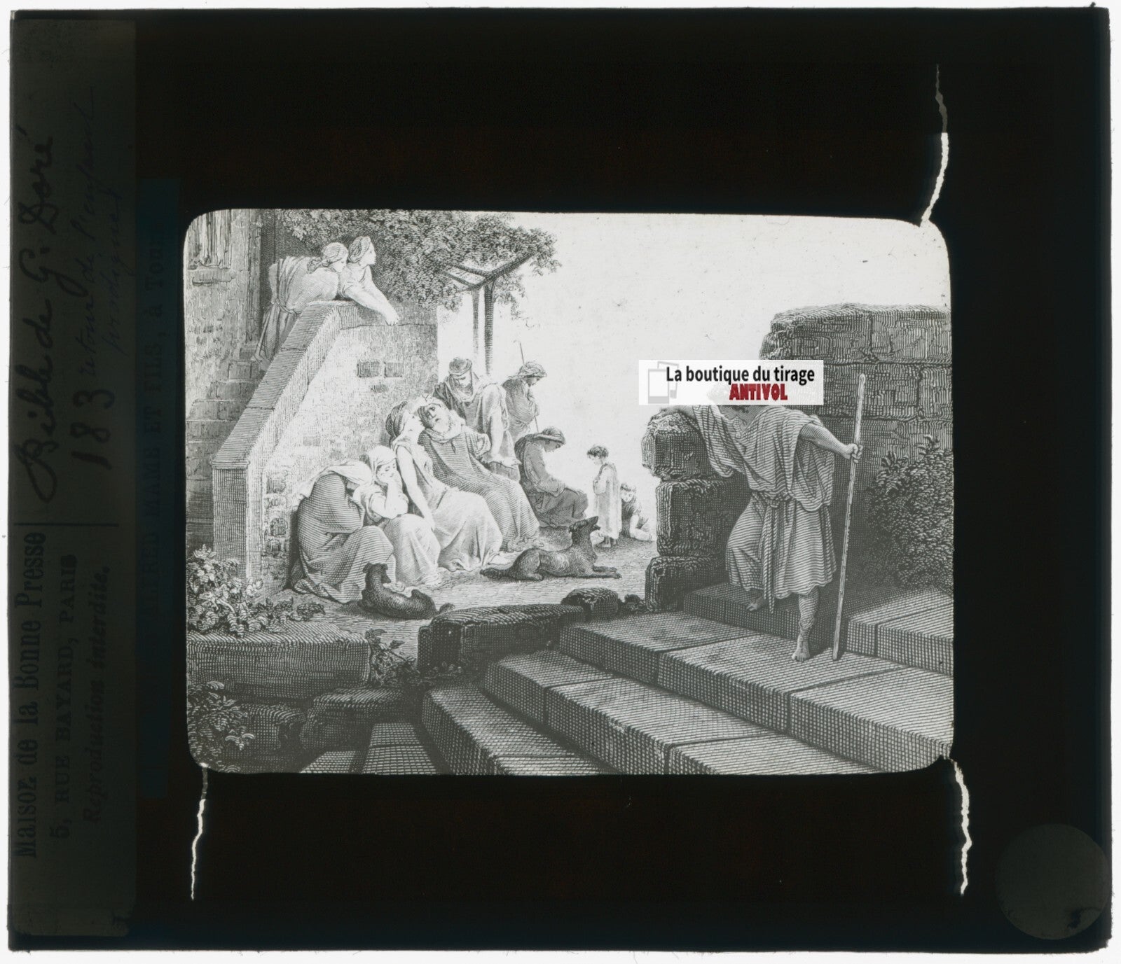 Histoire, Bible Doré, dessin, plaque de verre, noir & blanc, positif 8,5x10 cm