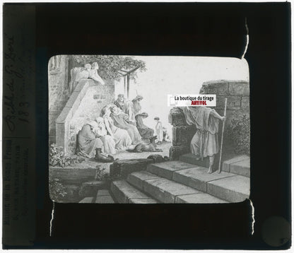 Histoire, Bible Doré, dessin, plaque de verre, noir & blanc, positif 8,5x10 cm