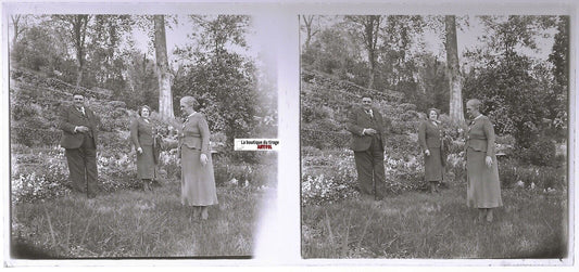 Personnages, Plaque verre photo ancienne stéréo, positif noir & blanc 6x13 cm