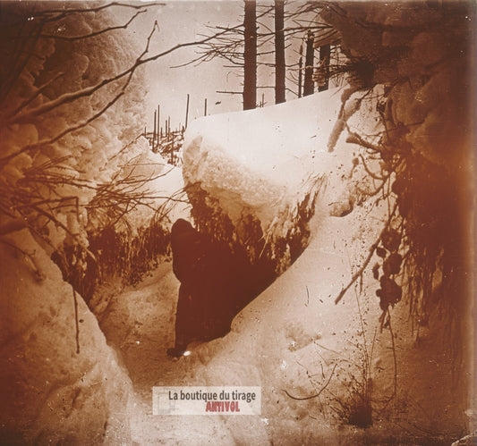 Vosges, sous la neige, guerre WW1, plaque de verre photo ancienne stéréo 6x13 cm