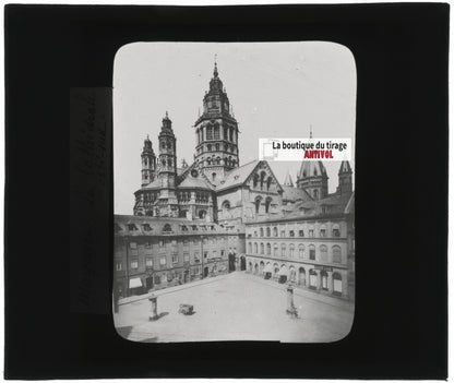 Cathédrale de Mayence, Allemagne, photo ancienne plaque verre, positif 8,5x10 cm
