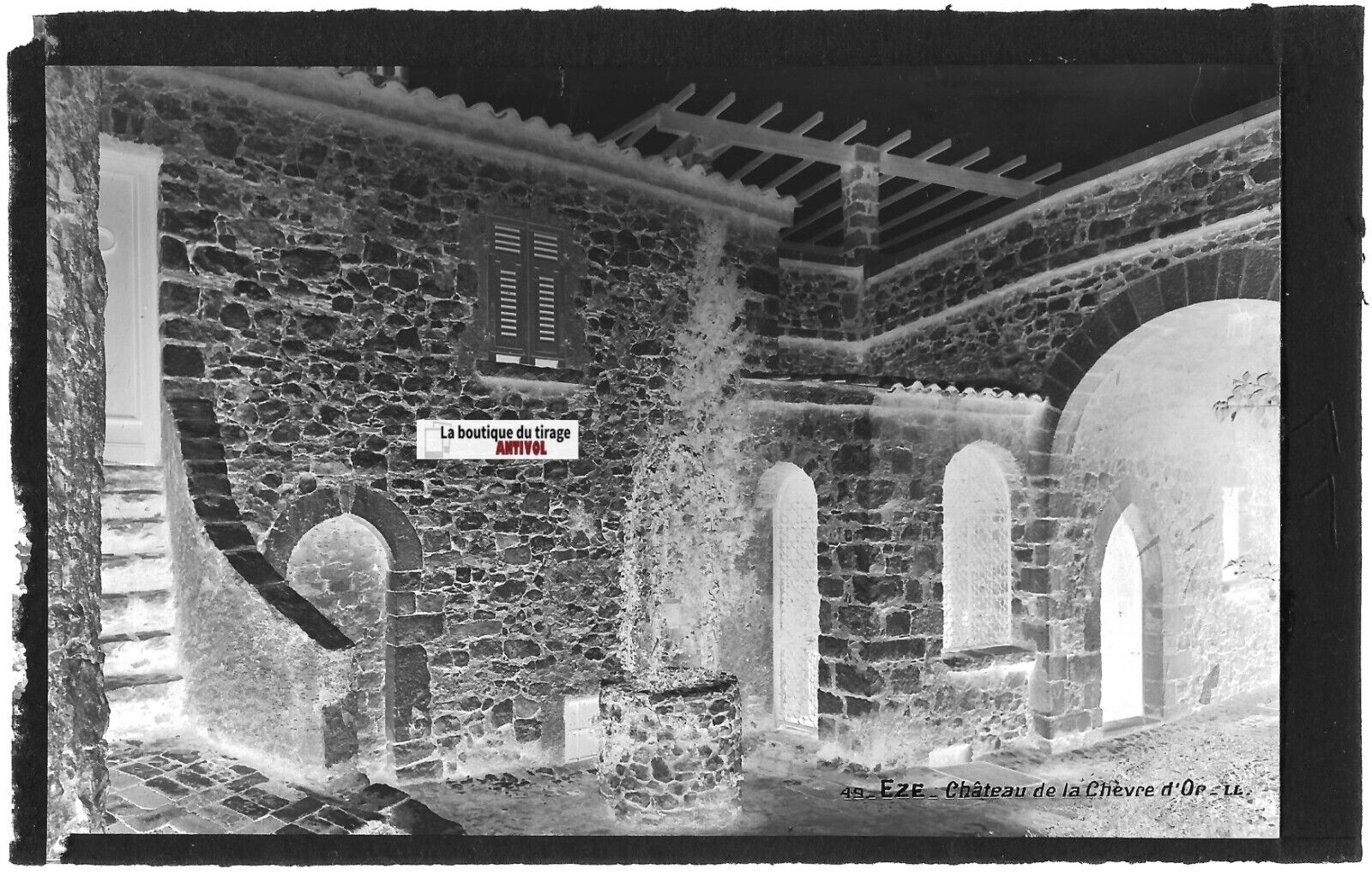 Plaque verre photo négatif noir & blanc 9x14 cm, Èze, château Chèvre d'Or