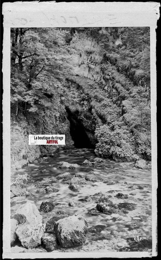 Plaque verre photo ancienne, négatif noir & blanc 9x14 cm, source du Doubs