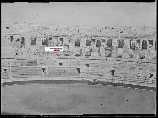 Arènes de Nîmes, Plaque verre photo ancienne, négatif noir & blanc 9x12 cm