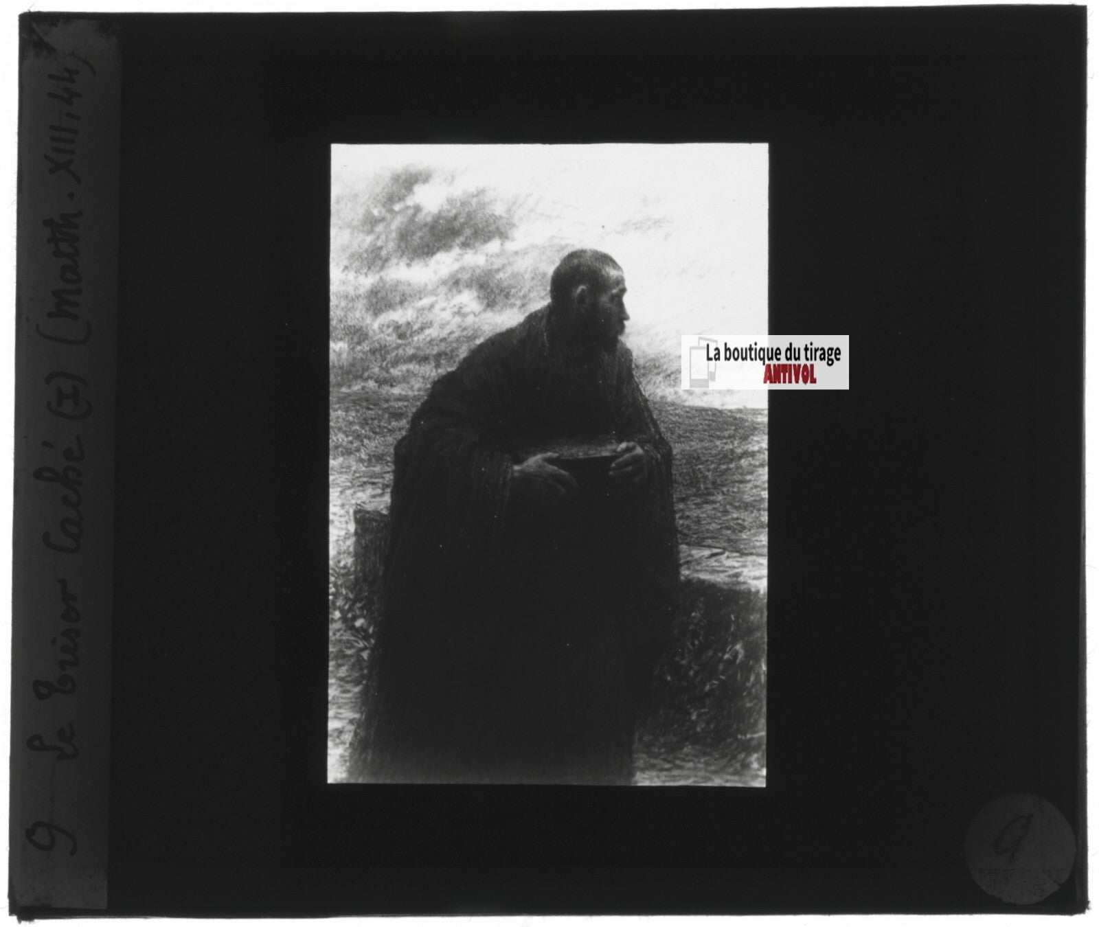 Matthieu, scène religieuse, dessin peinture plaque de verre, positif 8,5x10 cm