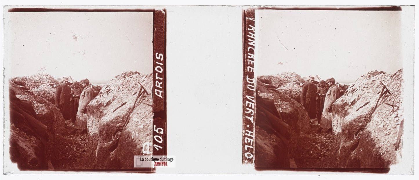 Tranchée Vert-Halo, Artois, guerre WW1, plaque verre stéréo, photo 4,5x10,7 cm