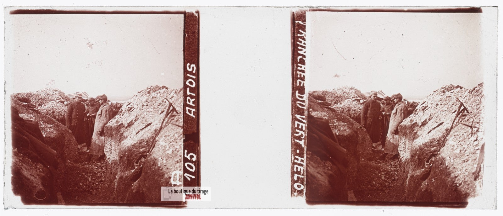 Tranchée Vert-Halo, Artois, guerre WW1, plaque verre stéréo, photo 4,5x10,7 cm