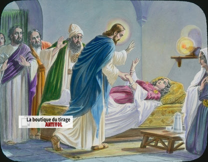 Résurrection fille de Jaïre, dessin, plaque verre ancienne, couleur 8,5x10 cm