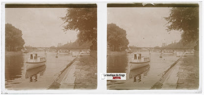 Seine et Pont des Arts, Paris, plaque verre, photo stéréoscopie, N&B 6x13 cm