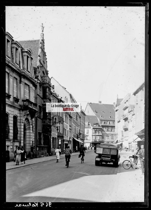 Plaque verre photo ancienne négatif noir et blanc 13x18 cm Colmar camion vélos