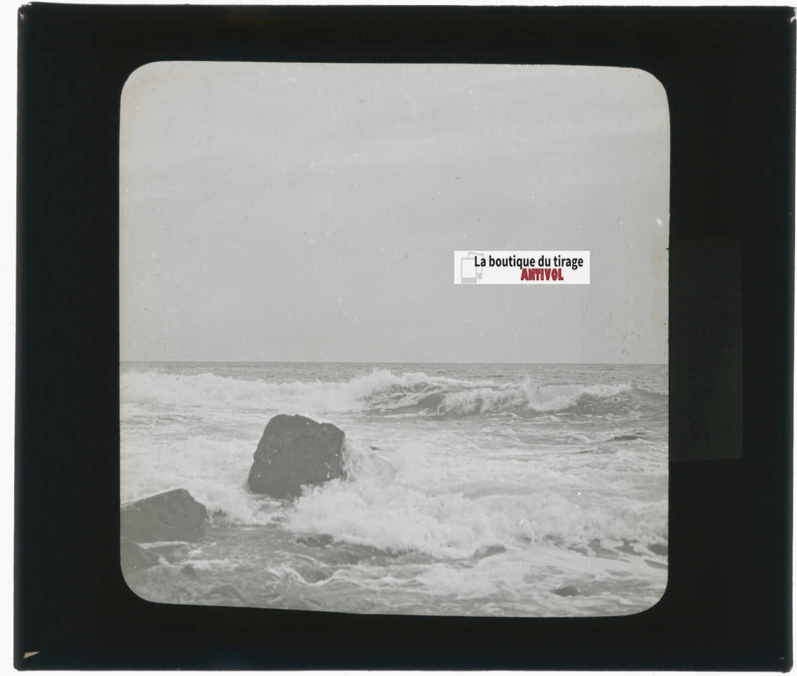 Paysage, mer, vagues, photo plaque verre, noir & blanc, positif 8,5x10 cm