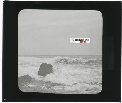 Paysage, mer, vagues, photo plaque verre, noir & blanc, positif 8,5x10 cm