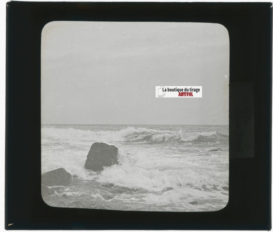 Paysage, mer, vagues, photo plaque verre, noir & blanc, positif 8,5x10 cm