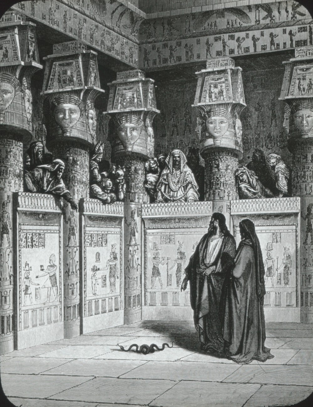 Moïse devant Pharaon, Bible de Doré, dessin, plaque verre, positif 8,5x10 cm