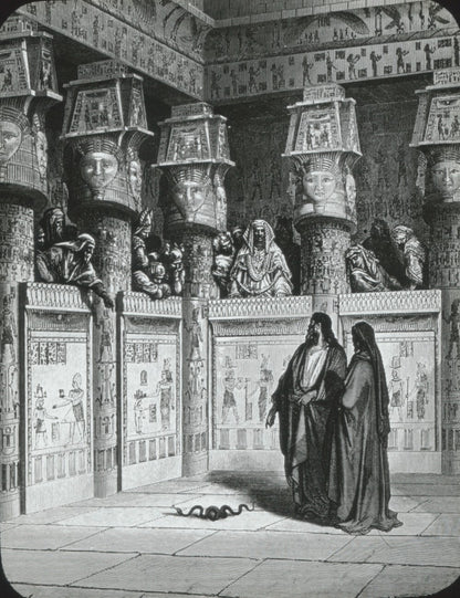 Moïse devant Pharaon, Bible de Doré, dessin, plaque verre, positif 8,5x10 cm