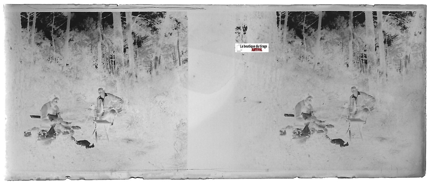 Promenade, Plaque verre photo stéréoscopique, négatif noir & blanc 4,5x10,7 cm