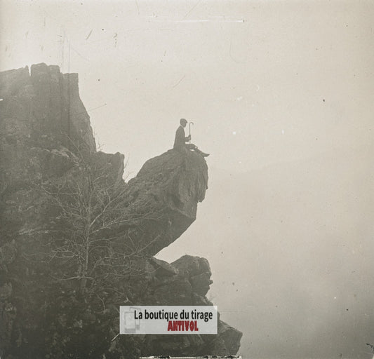Promeneur au sommet, Vosges, plaque verre stéréo, photo ancienne 4,5x10,7 cm