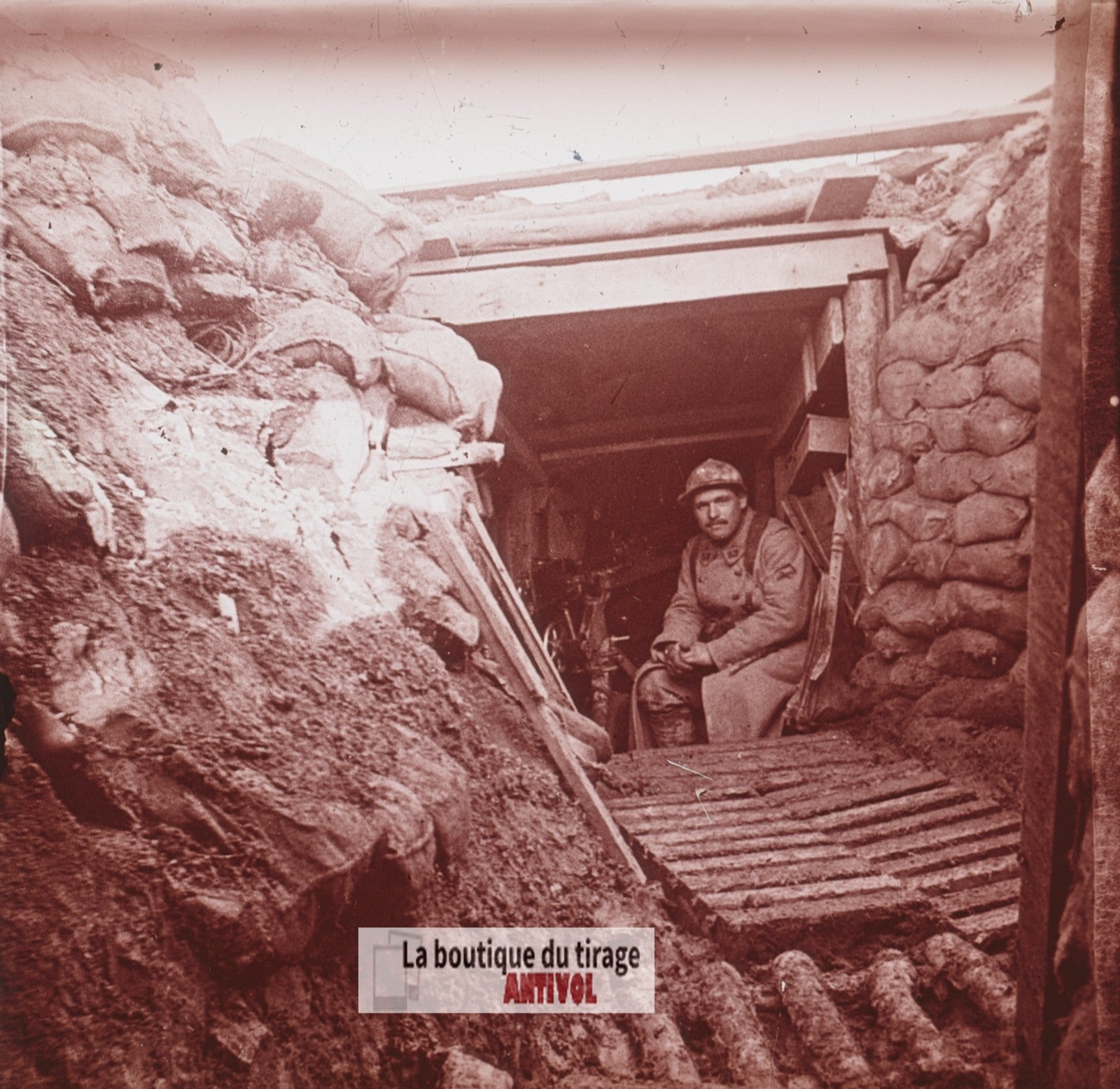 Abri de mitrailleuse, guerre WW1, plaque verre stéréo, photo 4,5x10,7 cm