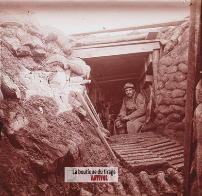 Abri de mitrailleuse, guerre WW1, plaque verre stéréo, photo 4,5x10,7 cm