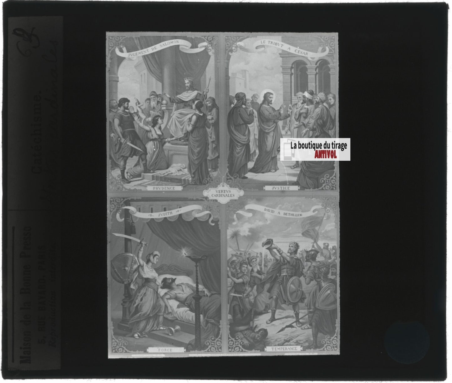 Scène religieuse, catéchisme, dessin peinture, plaque verre, positif 8,5x10 cm