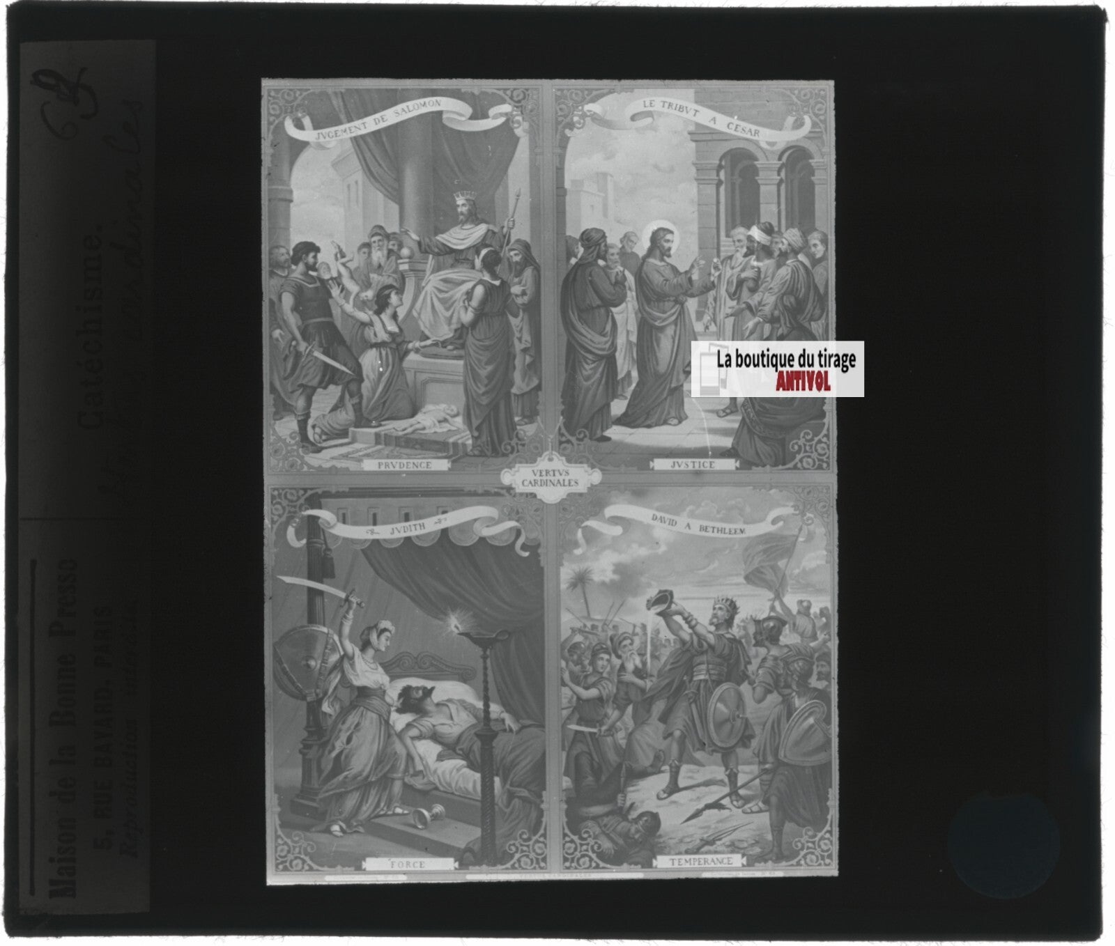 Scène religieuse, catéchisme, dessin peinture, plaque verre, positif 8,5x10 cm