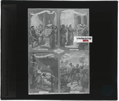 Scène religieuse, catéchisme, dessin peinture, plaque verre, positif 8,5x10 cm