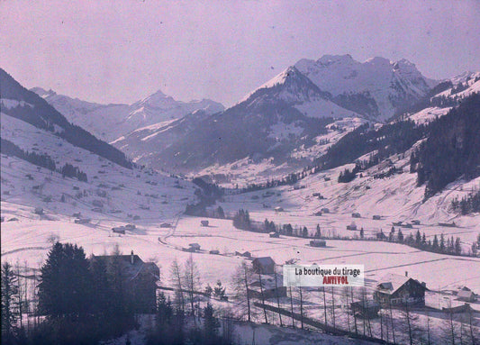 Panorama alpin du Valais, plaque verre, photo ancienne stéréo 9x12 cm Autochrome