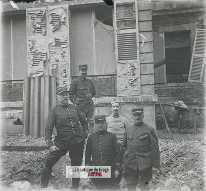 Zone de combats urbains, guerre WW1, plaque verre photo ancienne stéréo 6x13 cm