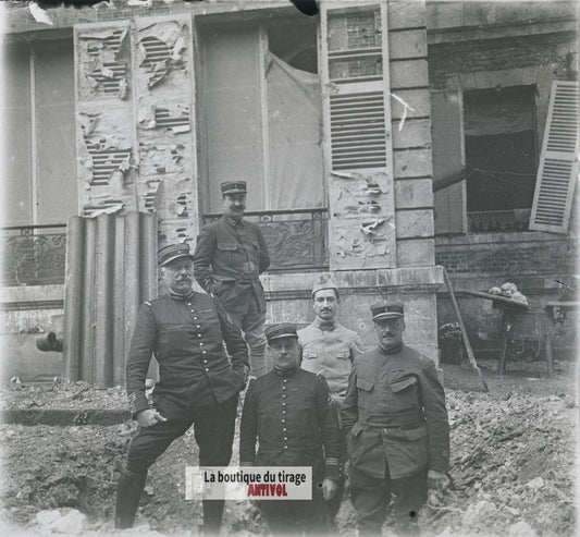 Zone de combats urbains, guerre WW1, plaque verre photo ancienne stéréo 6x13 cm
