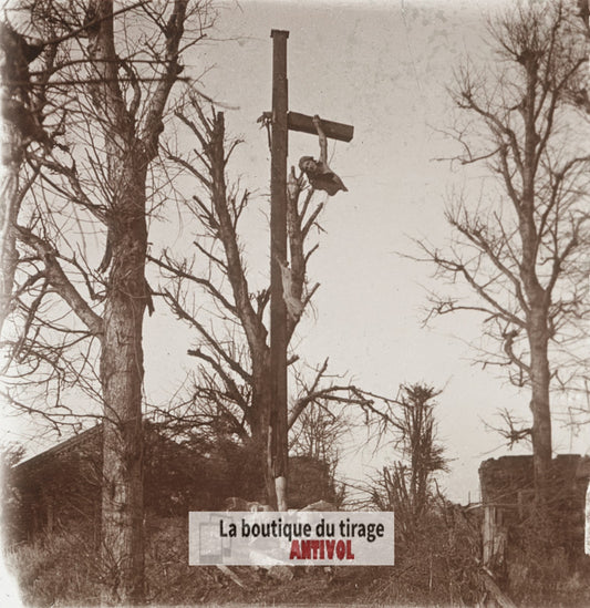 Cimetière d’Arras, Christ, guerre WW1, plaque verre stéréo, photo 4,5x10,7 cm