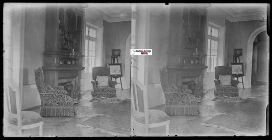 Salon, maison, Plaque verre photo, stéréoscopique négatif noir & blanc 9x18 cm