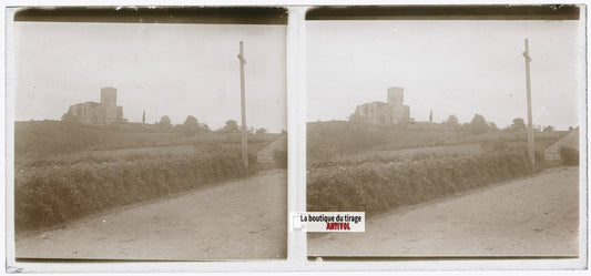 Château de Mauvezin, plaque verre, photo ancienne stéréoscopie, N&B 6x13 cm