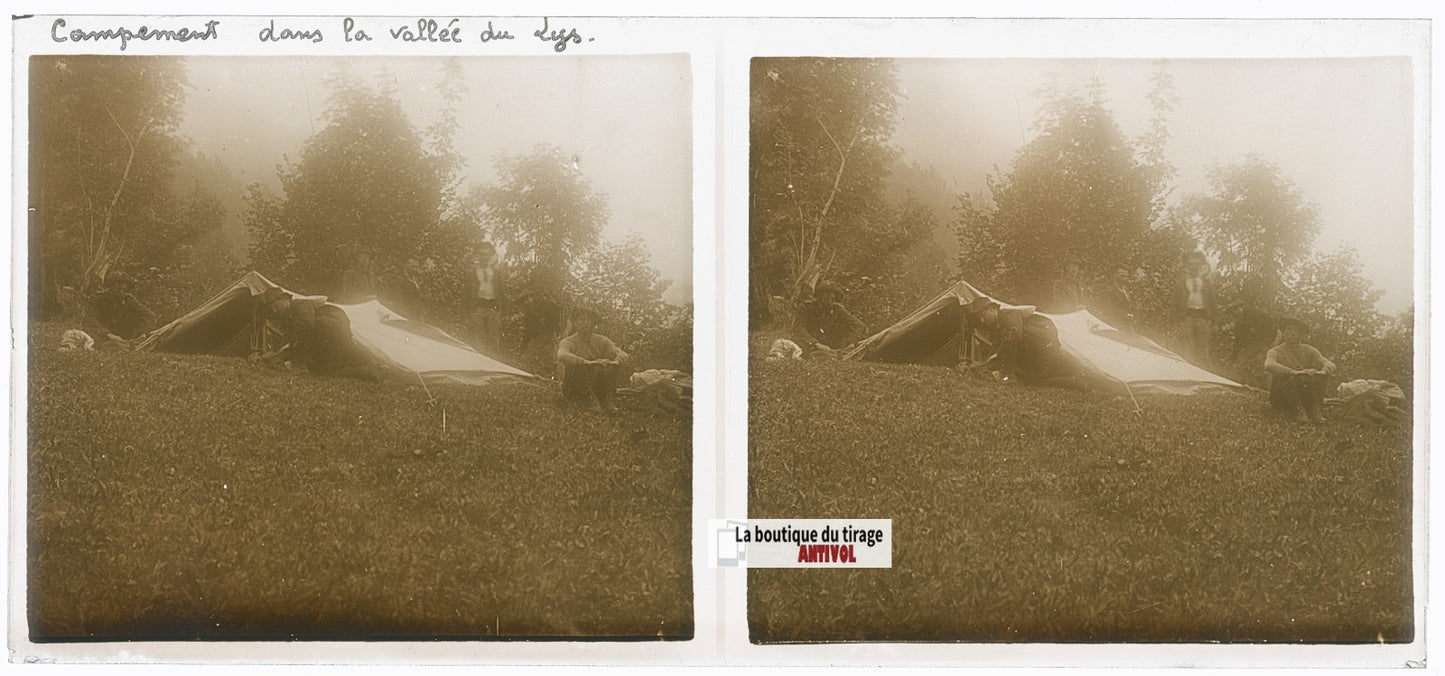 Campement vallée du Lys, plaque verre, photo ancienne stéréo, sépia 6x13 cm