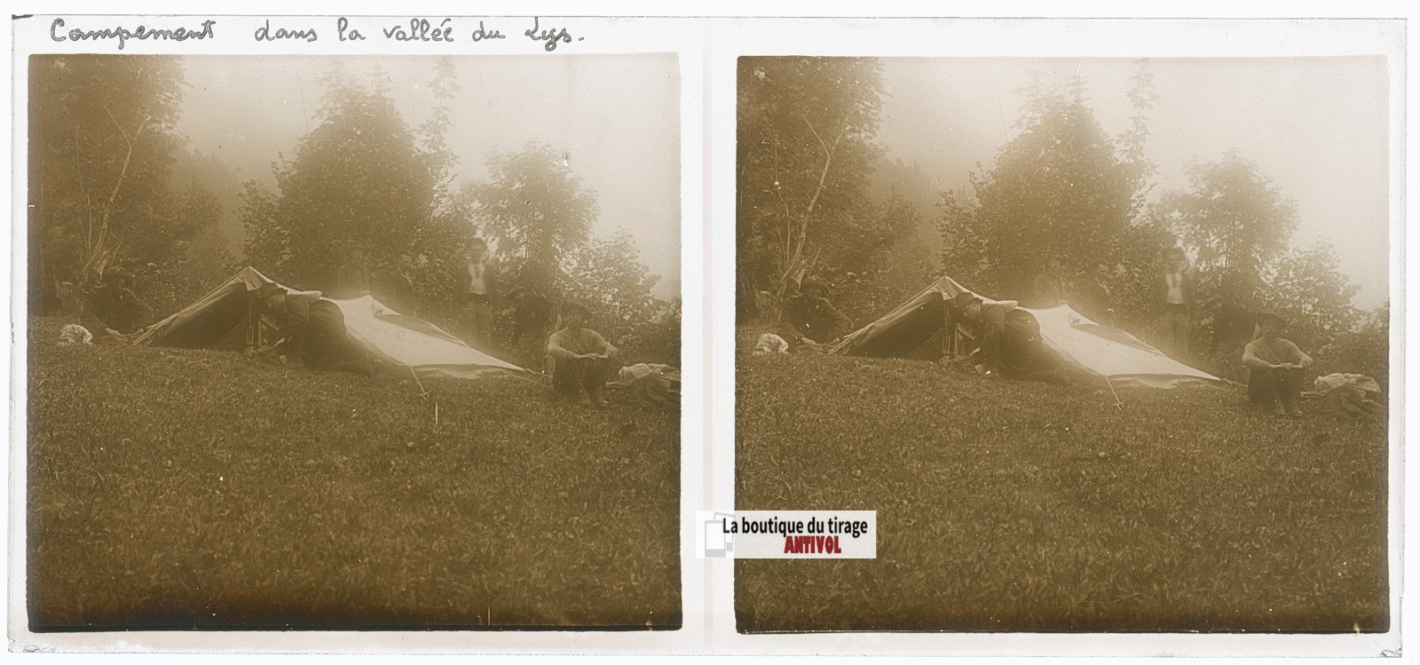 Campement vallée du Lys, plaque verre, photo ancienne stéréo, sépia 6x13 cm