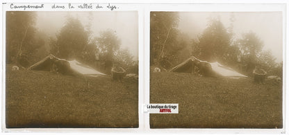 Campement vallée du Lys, plaque verre, photo ancienne stéréo, sépia 6x13 cm